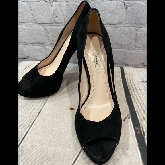 Miu Miu Peep Toe Platform Pumps Women Black Suede Heel Shoes  37.5/US 7 - Picture 5 of 16